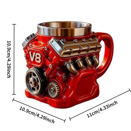 V8 Engine-themed coffee mug, a retro-styled, realistic V8 engine stainless steel mug, a personalized double-walled insulated car mug with a handle, the perfect gift for Father's Day, Christmas, husbands, mechanics, and car enthusiasts.