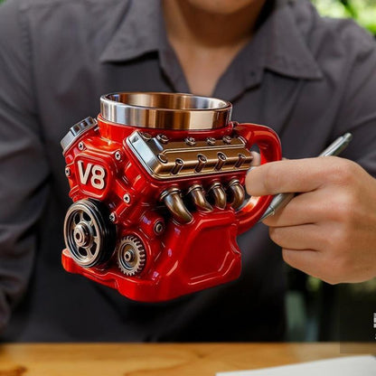 V8 Engine-themed coffee mug, a retro-styled, realistic V8 engine stainless steel mug, a personalized double-walled insulated car mug with a handle, the perfect gift for Father's Day, Christmas, husbands, mechanics, and car enthusiasts.