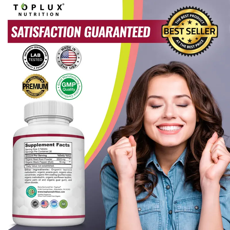 Toplux Organic Beet Root Tablets - Nitric Oxide Booster Beetroot Supplement 2040mg