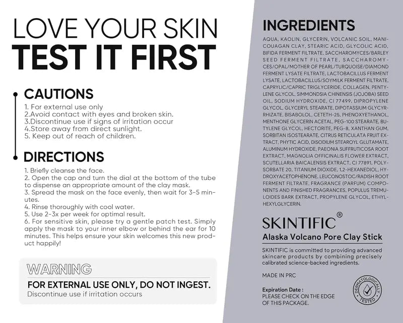 SKINTIFIC Alaska Volcano Pore Clay Stick Cleansing Blackhead Remover Face Mask Stick with Natural Clay Gentle Exfoliating Smoothing Skin Non-Drying Skincare
