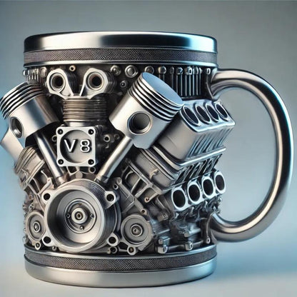 V8 Engine-themed coffee mug, a retro-styled, realistic V8 engine stainless steel mug, a personalized double-walled insulated car mug with a handle, the perfect gift for Father's Day, Christmas, husbands, mechanics, and car enthusiasts.