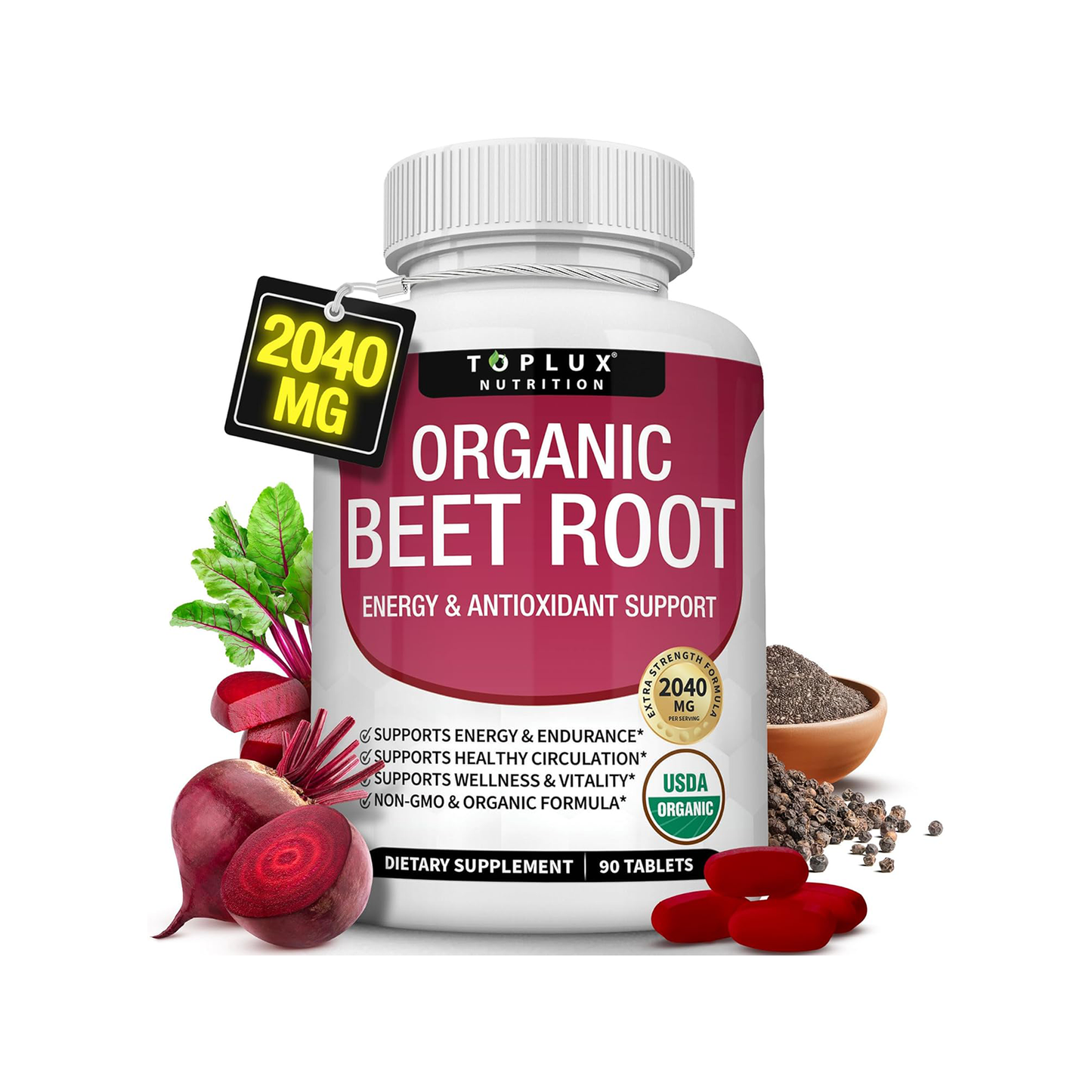 Toplux Organic Beet Root Tablets - Nitric Oxide Booster Beetroot Supplement 2040mg